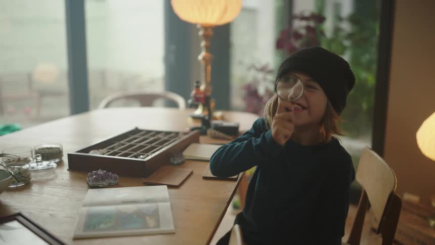 Boy sitting on a chair playing with a magnifying glass