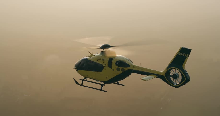 Helicopter flying in slow motion on a morning