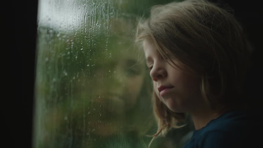 Portrait of a boy by the window at home watching the rain