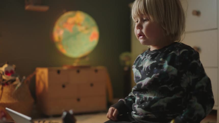 Portrait of a child playing on the laptop in his room on the floor