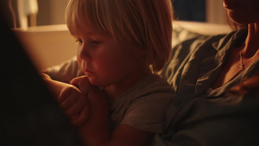 Closeup of a boys face next to his mother who is reading a book to him