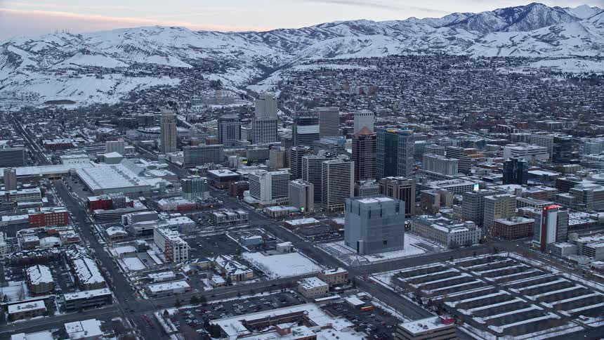 The city is covered in snow