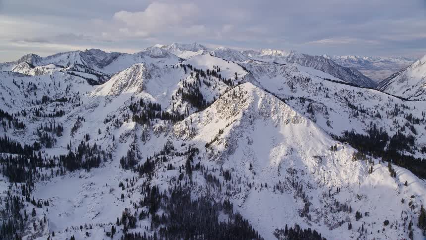 Snow covered mountains with trees on the slopes and mountains in the distance under a cloudy sky