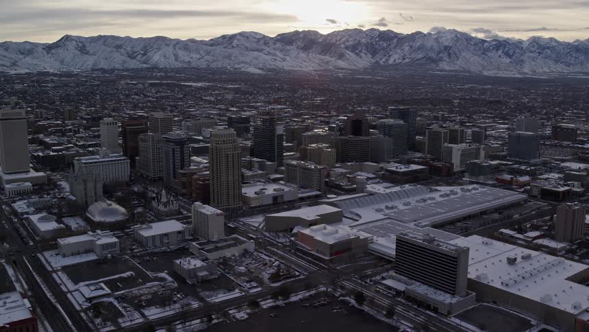 Aerial of an urban city during dusk in winter