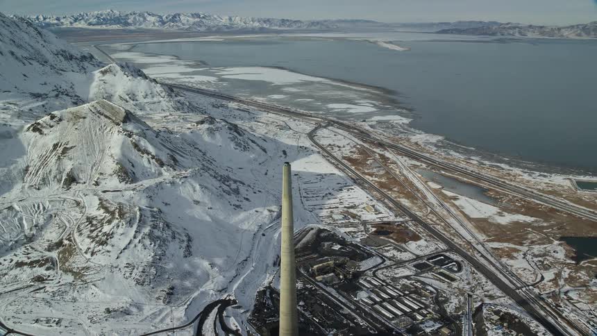 Aerial view of a refinery in the arctic coastline