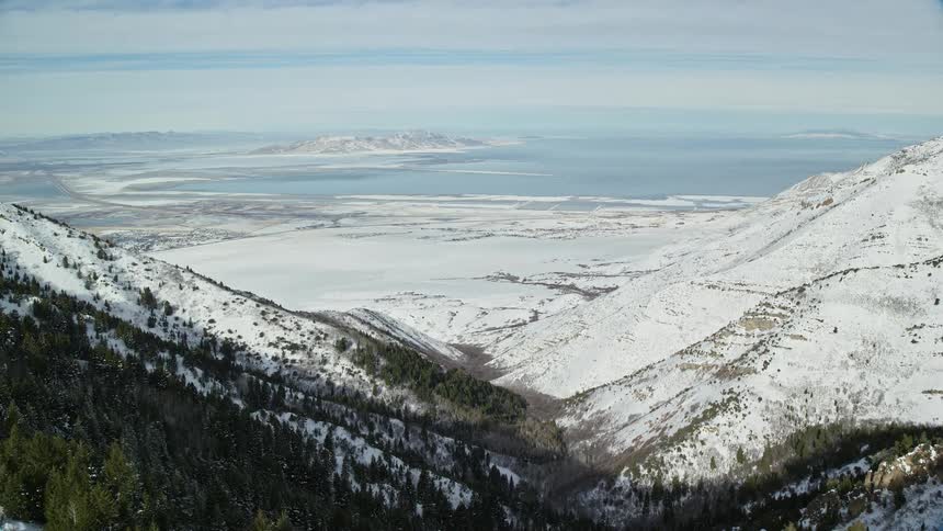 Aerial view of a snowy valley and a forest