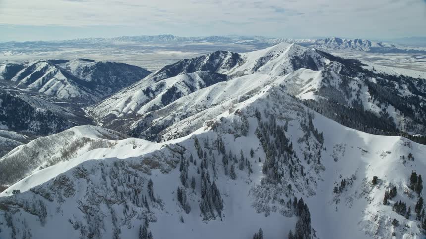 Aerial landscape of mountains with trees covered in snow on a morning