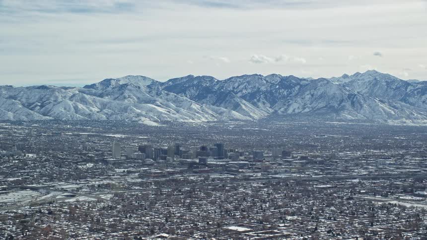 Skyline of an urban city covered in snow during winter