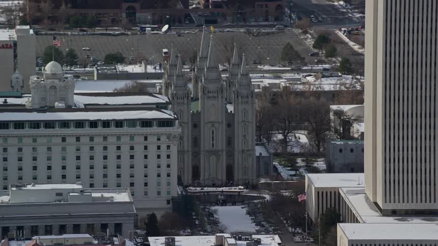 Aerial of the city cathedral in winter