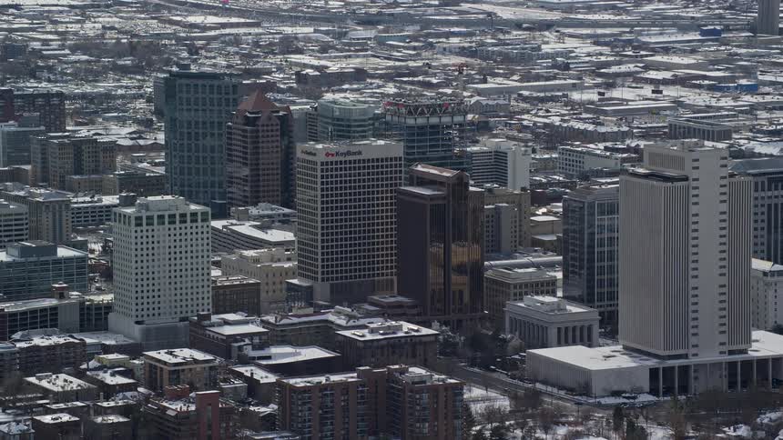 Aerial panorama of a metropolis covered in snow