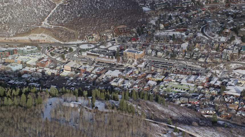 Aerial view of residential area in a snowy valley