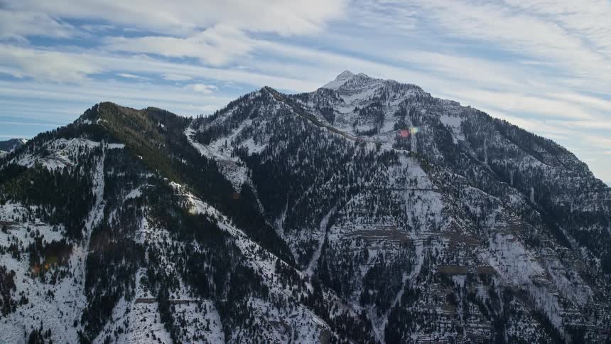 Aerial panoramic view of mountains covered in trees and snow