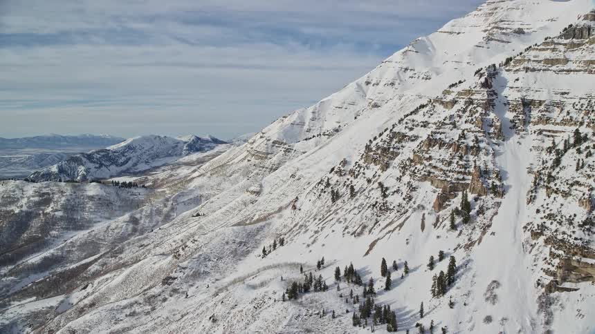 Aerial view of a mountain range with peaks coniferous trees and covered in snow