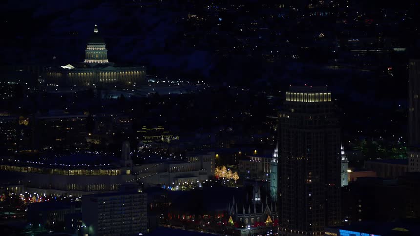 Aerial of the capital building downtown in salt lake city lit up a night