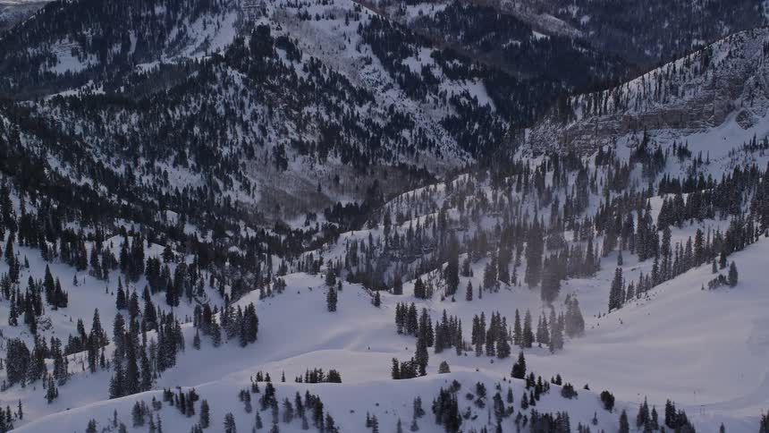 Aerial panorama of mountains and peaks with conifers covered in snow