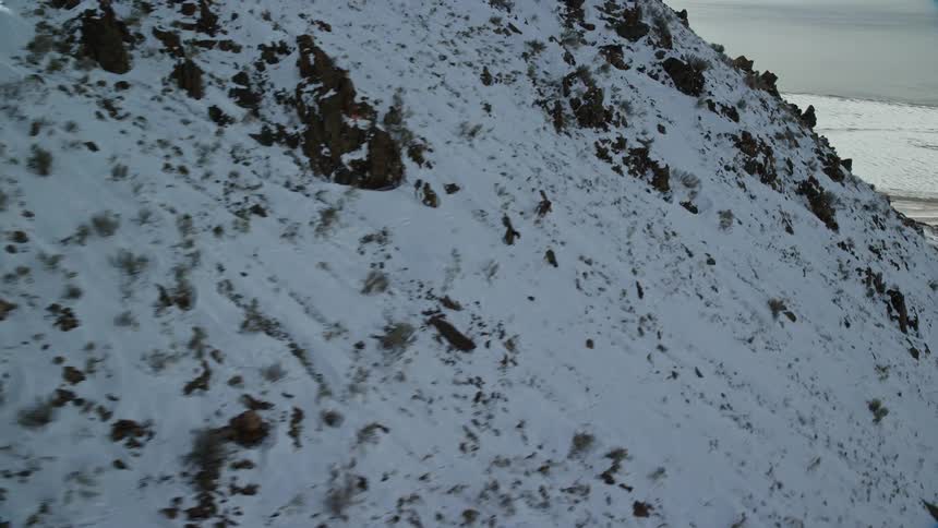 Aerial view of mountain goats running on a snowy mountain ridge