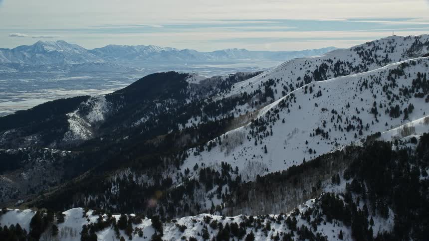 Aerial view of a mountain range with peaks coniferous trees and covered in snow