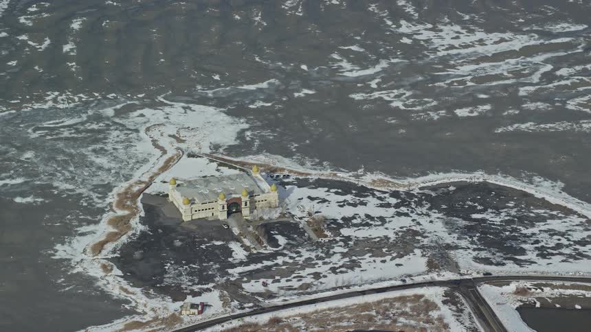 Skyline of a temple on a frozen plain during winter