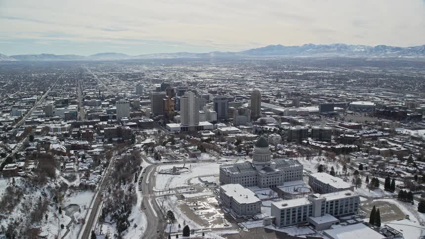 Aerial panorama of a snowcovered metropolis