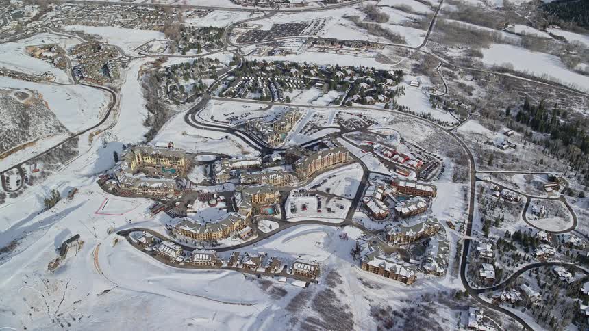 The small town is covered in snow