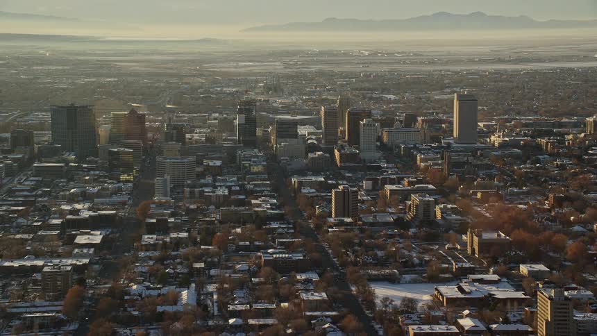Aerial panorama of a snowcovered metropolis in the morning