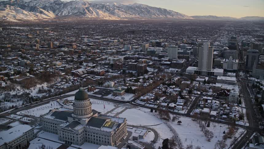 Aerial of urban capital city during winter