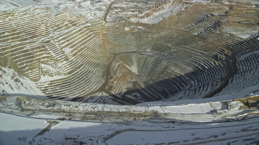 Aerial view of snowy bingham copper mine
