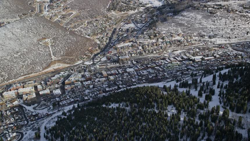 Aerial view of residential area in a snowy valley