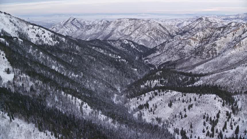 Aerial view of snowy forest on mountain slope and a valley