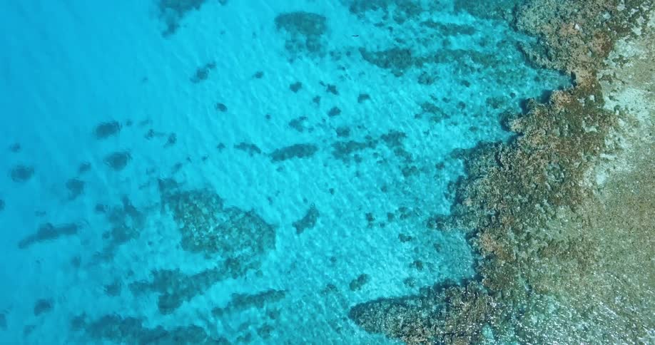 Overhead view of a coastline with clear turquoise waters transitioning into deeper blue with visible rock formations beneath the surface