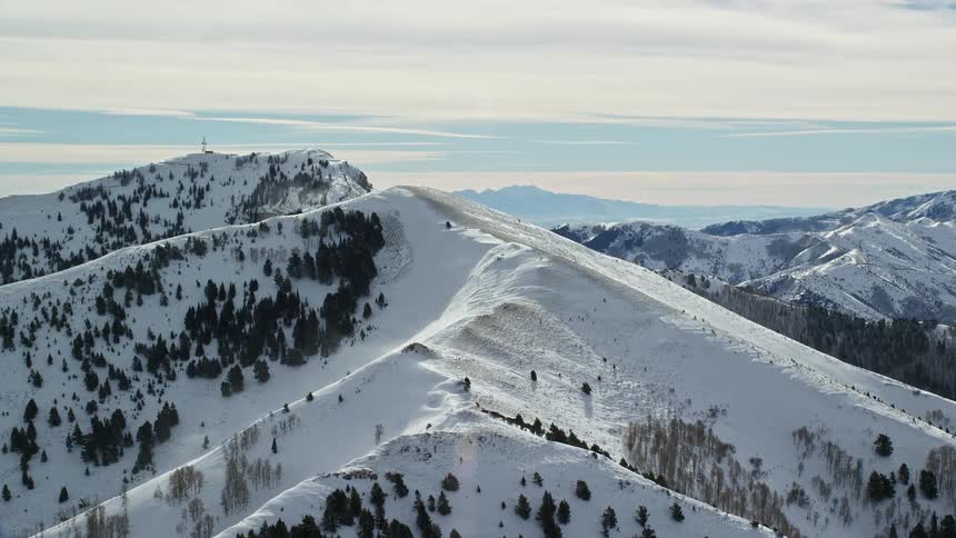 Aerial view of a snowcovered ridge with scattered trees leading to a peak with a structure