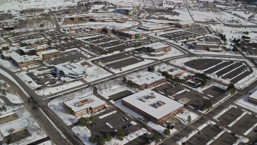 Aerial view of suburban neighborhood winter day
