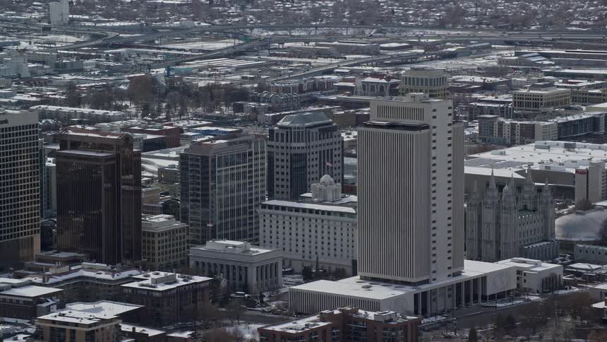 The city is covered with snow