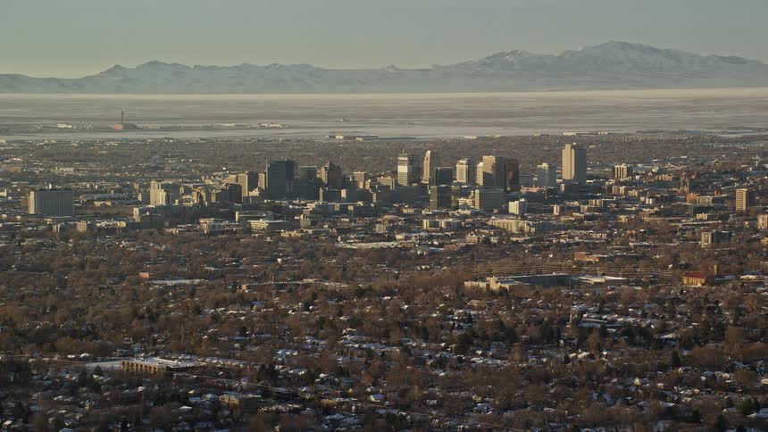 Aerial view of tall buildings and suburban areas in the city