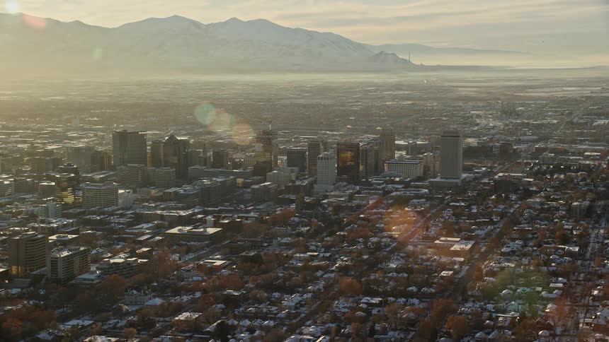 Aerial of the big city during autumn dusk
