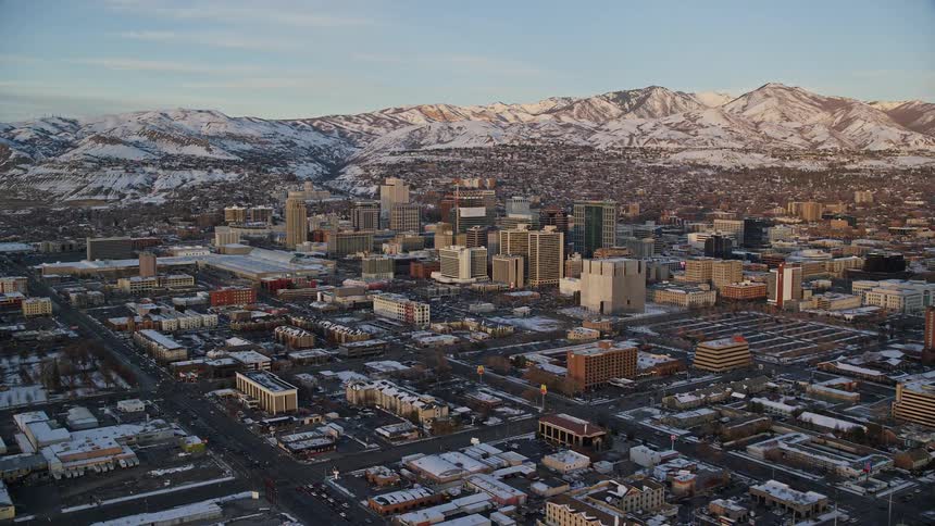 Aerial of a city center during winter