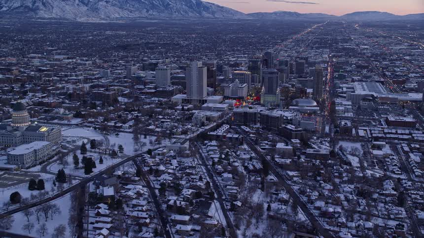 Landscape of buildings in a metropolitan area during winter at sunset