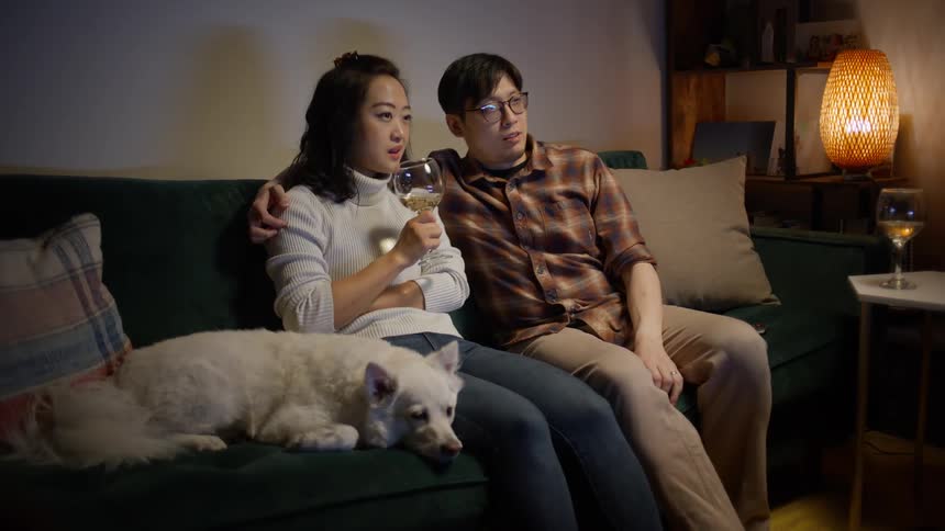 A couple sitting on a couch with a dog watching tv with the woman drinking wine as the man puts his arm over her shoulders
