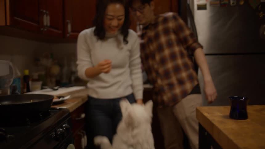 Couple in the kitchen with the woman giving her dog a treat