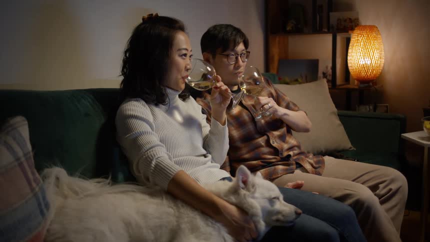 A couple sitting on a couch with a dog making a toast and drinking wine