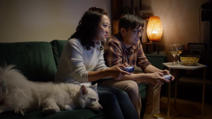 A couple playing video games on a couch in a living room with their dog