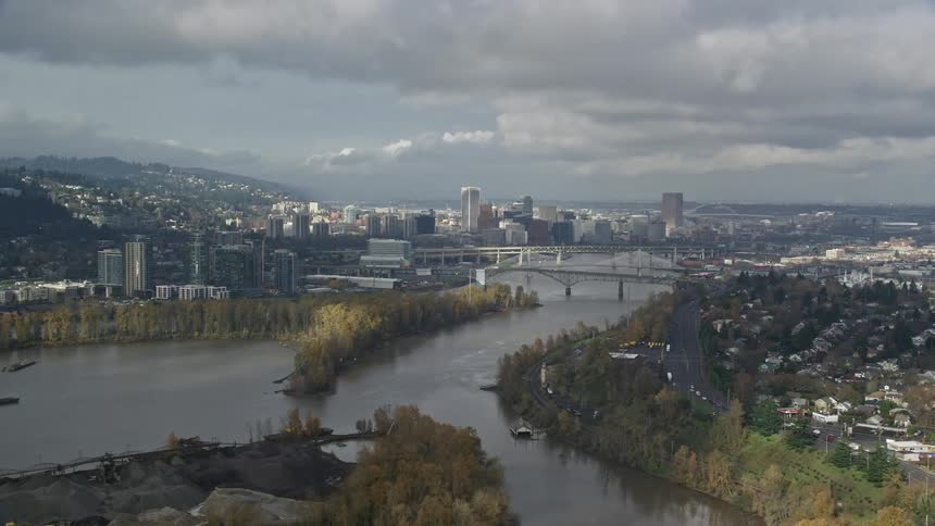 Aerial panorama of a metropolis with a bridge over the sea on a cloudy day