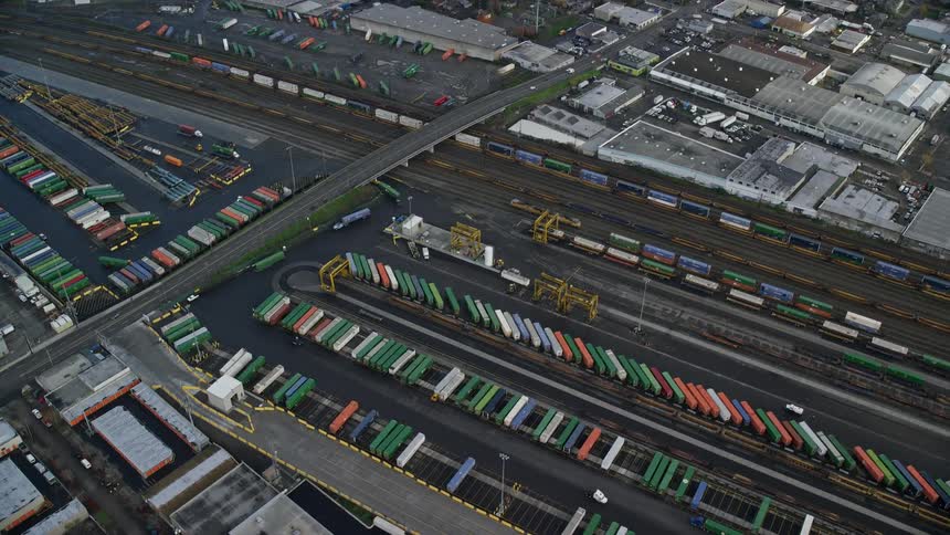 Aerial of the distribution center with the container in the terminal during the day