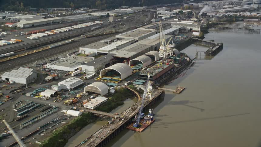 Aerial panorama of a harbor and a seaside logistics center