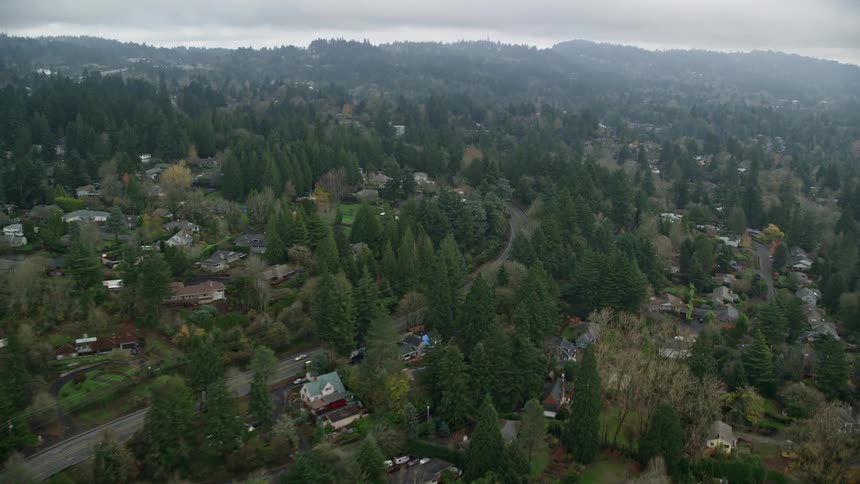 An aerial view of a town on a hilly terrain with plenty of trees on a cloudy day