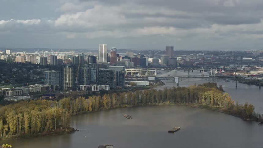 Aerial panorama of a metropolis by a lake on a cloudy day