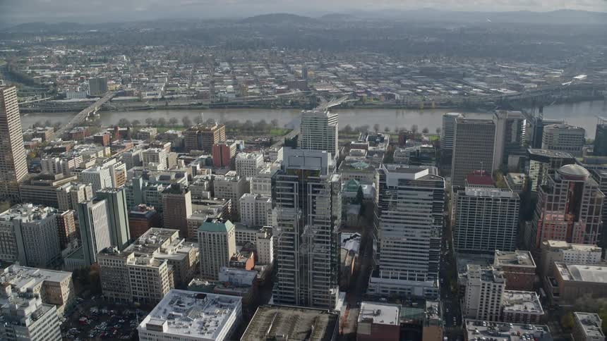 Aerial panorama of a metropolis by the sea with mountains in the horizon