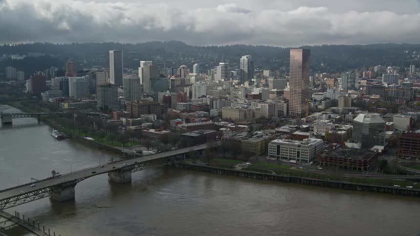 Skyline of a waterway in the middle of the urban city