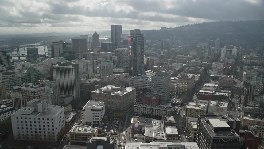 Aerial panorama of a coastal metropolis with skyscrapers and mountains on the horizon on a morning