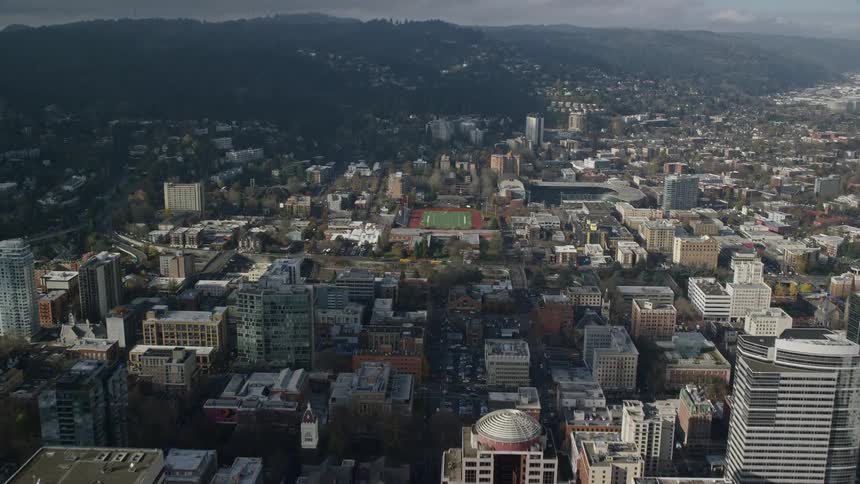 Aerial view of a metropolis with stadiums and buildings by the sea surrounded by mountains